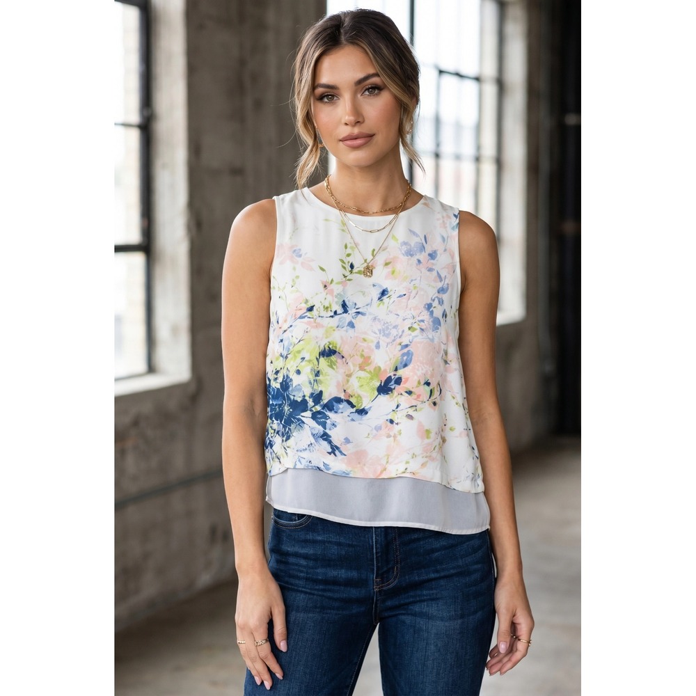 Rose & Olive Sleeveless Floral Blouse Sheer Layered Hem Lightweight Top Small
